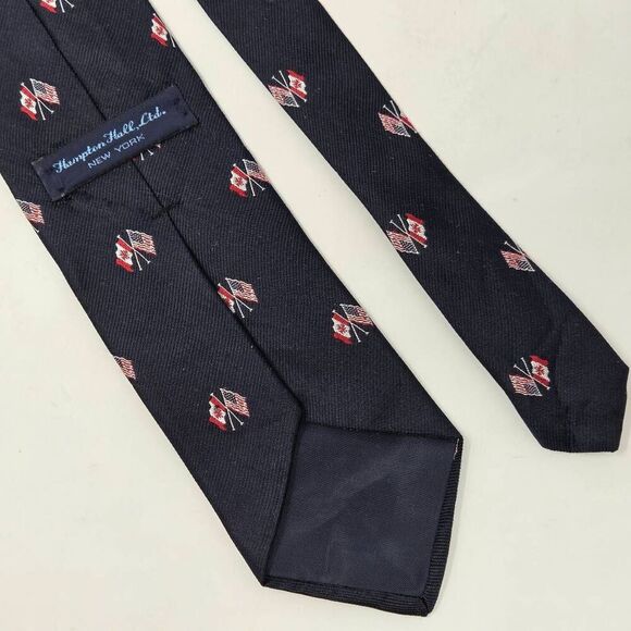 HAMPTON HALL LTD SILK TIE BLUE USA AMERICA AND CANADA FLAG CROSSED 3.5" X 57" - Picture 2 of 3